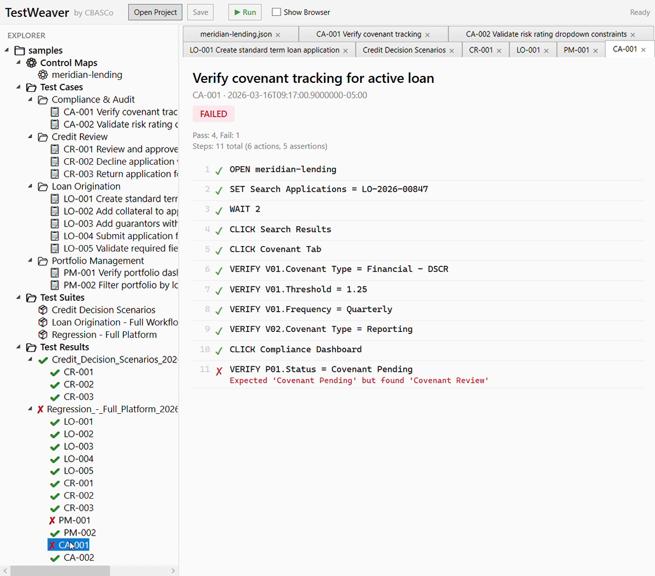 TestWeaver test result showing a failed test with error details