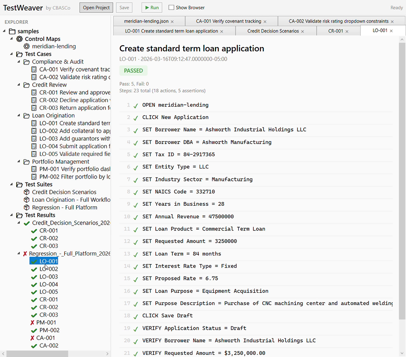 TestWeaver test result showing a passed test with step-by-step detail