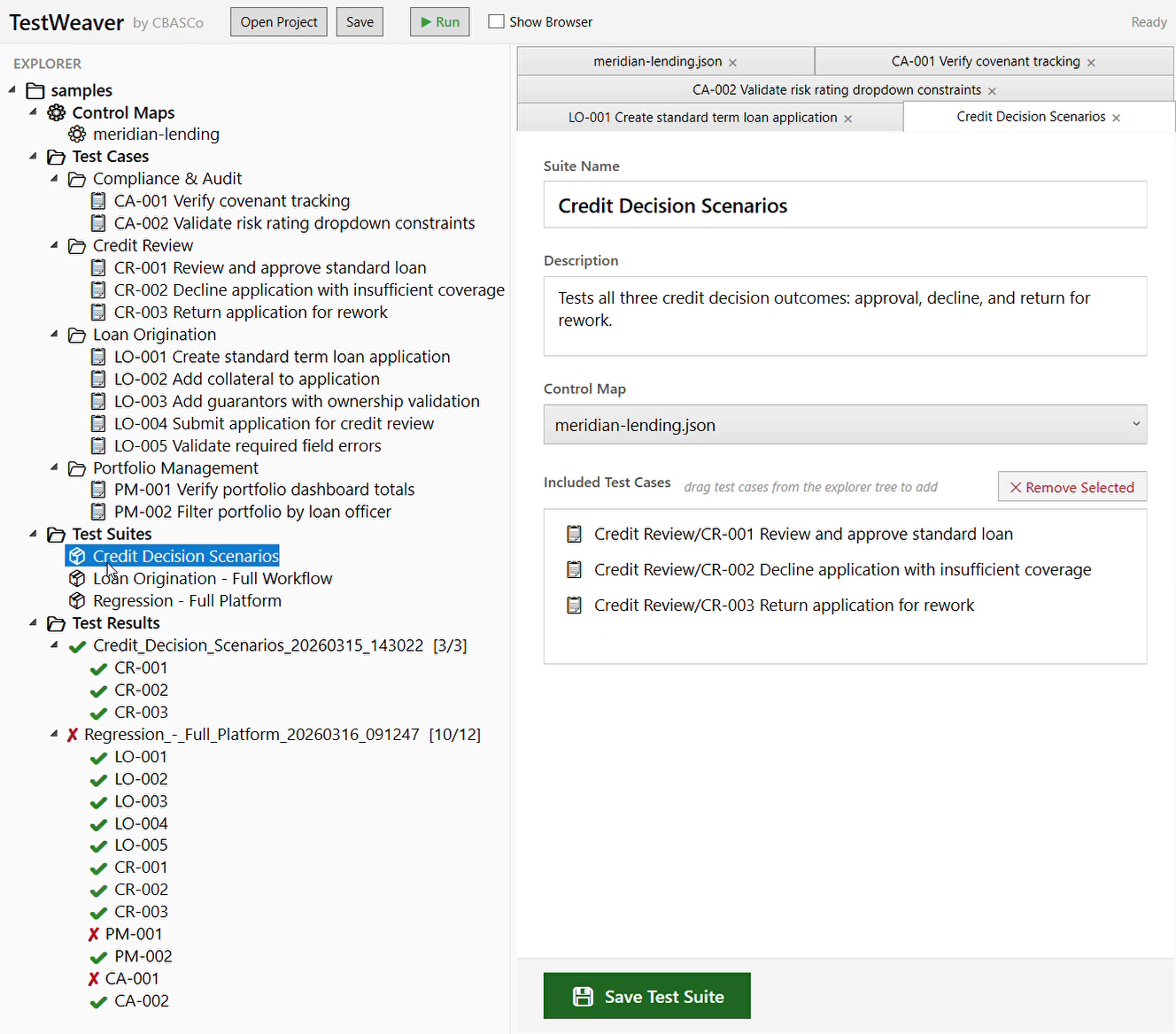 TestWeaver suite editor with drag-and-drop test management